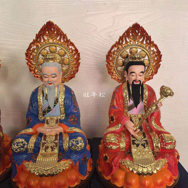 桧木雕彩绘款道家天神三清神像元始天尊灵宝天尊道德天尊供奉摆件