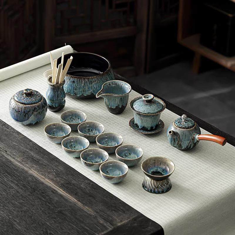 窑变功夫茶具套装家用天目釉办公室会客陶瓷侧把壶泡茶整套