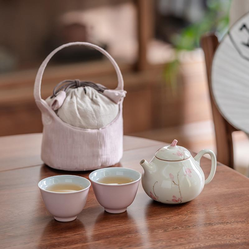 陶瓷旅行茶具便携小套套装便携式功夫釉下彩粉玉兰玻璃公杯茄瓜
