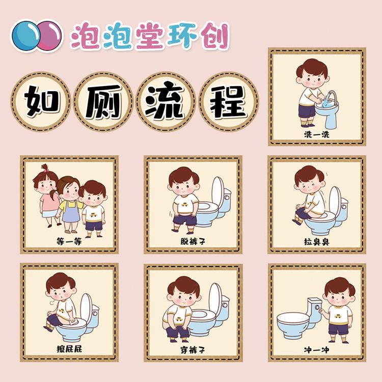 幼儿园卫生间洗手间如厕步骤流程儿童大小便便环创海报贴纸示意图