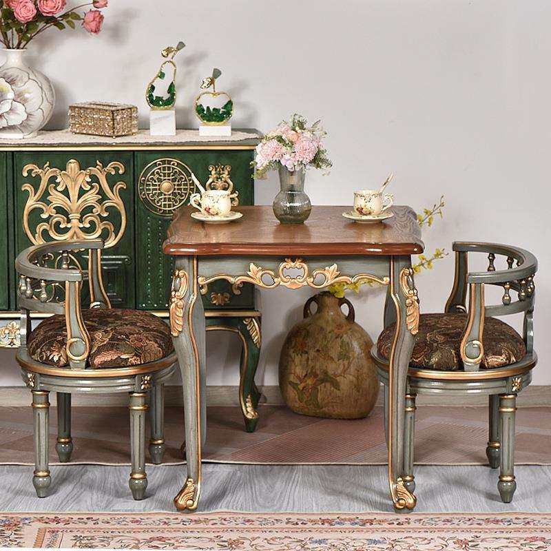 美式乡村全实木小户型餐桌阳台休闲桌椅组合家用咖啡桌正方形饭桌