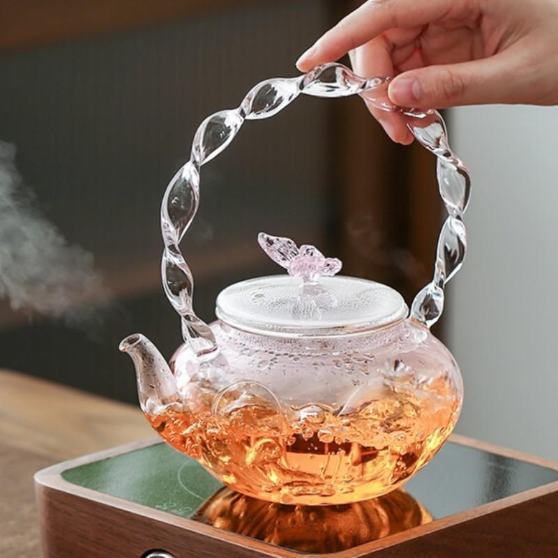 高硼硅玻璃茶粉色蝴蝶纽盖花草茶壶办公室电陶炉加热泡茶煮茶壶