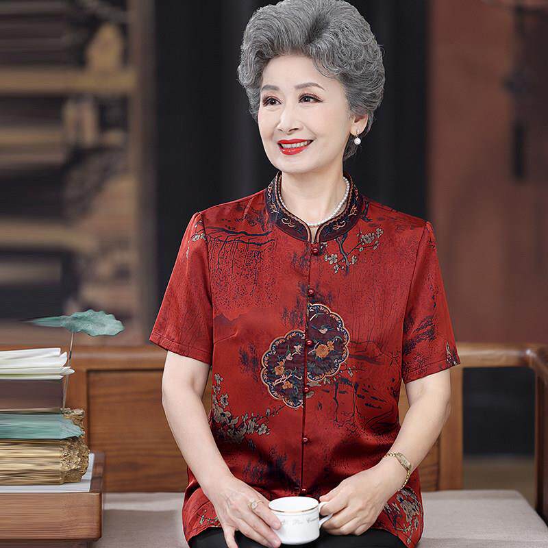 【桑蚕丝100%】中老年人奶奶夏装衬衫女短袖大尺码真丝立领上衣套