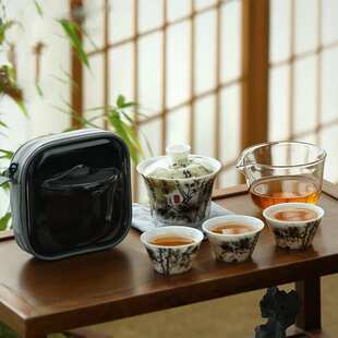 户外旅行茶具套装 羊脂玉瓷墨竹盖碗茶杯快客杯便携式 随身杯