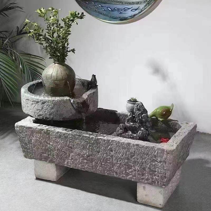老旧石槽鱼缸鱼池石头石缸养鱼户外庭院石磨青石马槽景观流水摆件