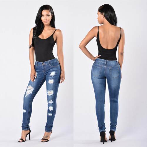 Women's jeans, popular through hole denim pants, small leg