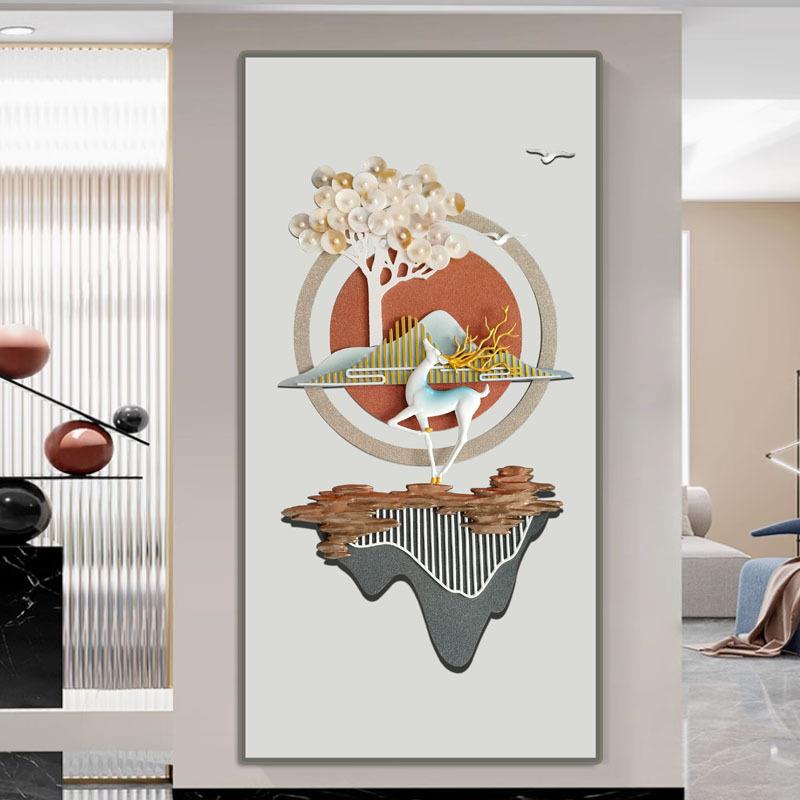 新中式玄关轻奢麋鹿发财树装饰画客厅走廊过道3D立体实物装饰画