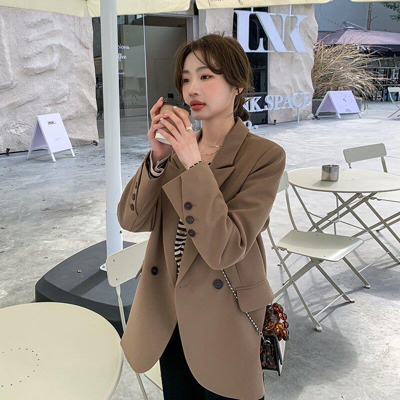 欧洲站韩版小西服女减龄2025年春秋新款宽松休闲百搭咖色西装外套