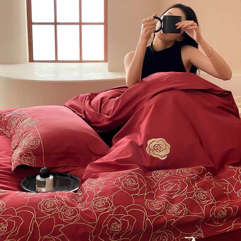 A类浪漫婚庆100S贡缎长绒棉四件套轻奢刺绣结婚被套床上用品