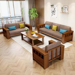 实木沙发组合木加布转角贵妃带拉床两用大小户型全橡胶木客厅家具