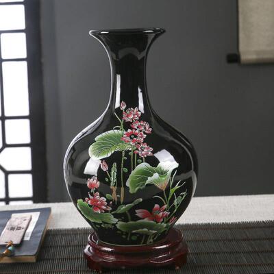 景德镇陶瓷黑金釉荷花插花小花瓶中式家居客厅装饰工艺饰品