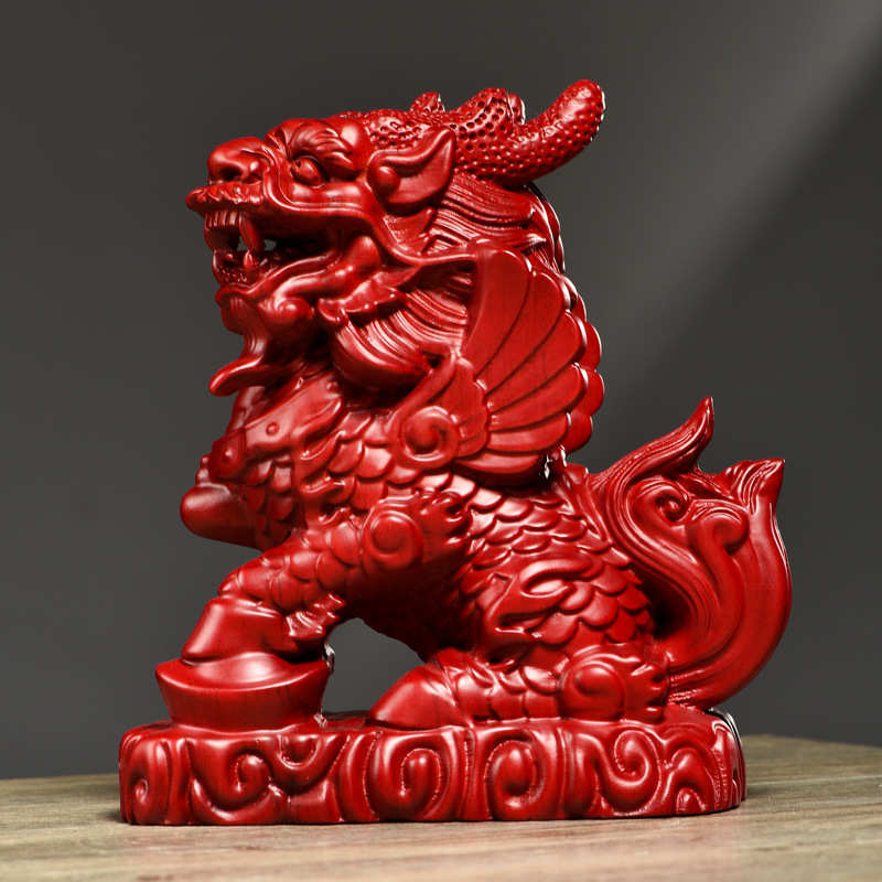 新动物木雕5zw发红家居中式装饰客厅花梨办公摆件桌面批麒麟一对
