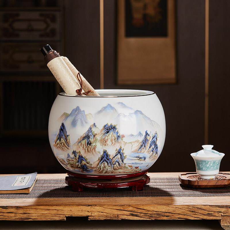 景德镇陶瓷器鸿运当头聚宝盆摆件中式家居饰品客厅玄关养鱼缸摆件