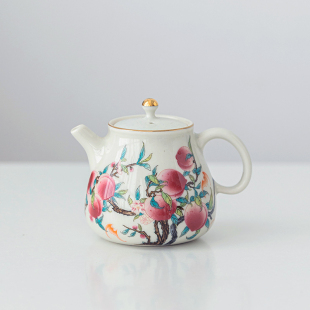 功夫茶具復(fù)古單茶壺 粉彩九桃五福茶壺陶瓷家用客廳壽桃泡茶壺中式