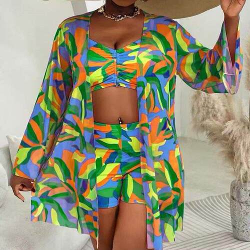 Large size swimsuit with printed high waisted flat angle