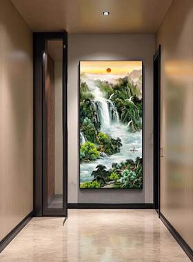 流水生财玄关装饰画 画靠山图八方来财旭日东升东墙山水画 画聚财