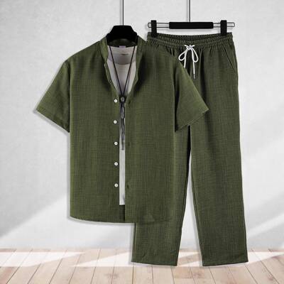Men's Olive Green Plain 2-Piece Loungewear Set -