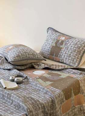 盖韩可式全棉色织提花RQJ软萌床件盖三套可铺可多功能床单盖毯四