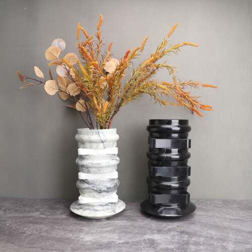 欧式轻奢侘寂风天然大理石层叠插花花瓶摆件玄关酒店软装家居饰品