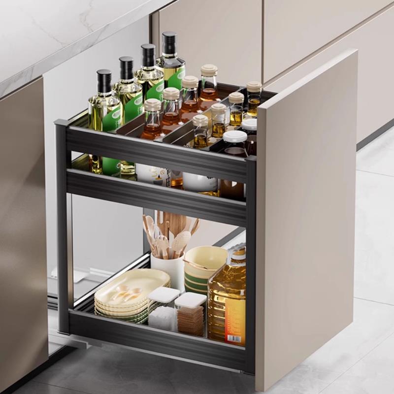 厨房拉篮调味篮太空铝材质抽屉式橱柜极窄置物架地柜高瓶收纳篮