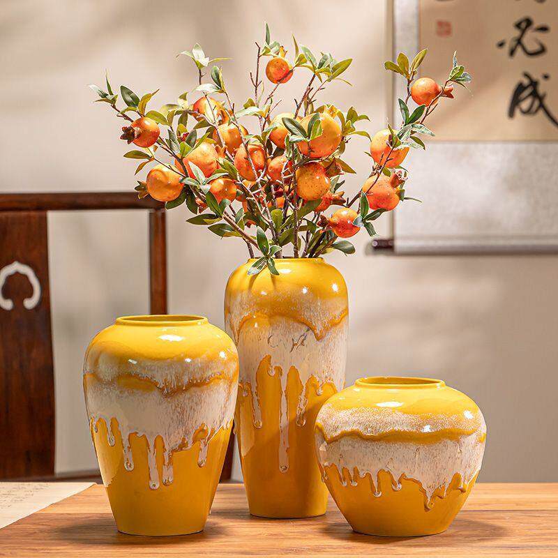 流釉榴莲黄陶瓷花瓶水养高档中式玄关家居客厅插花干花装饰品摆件