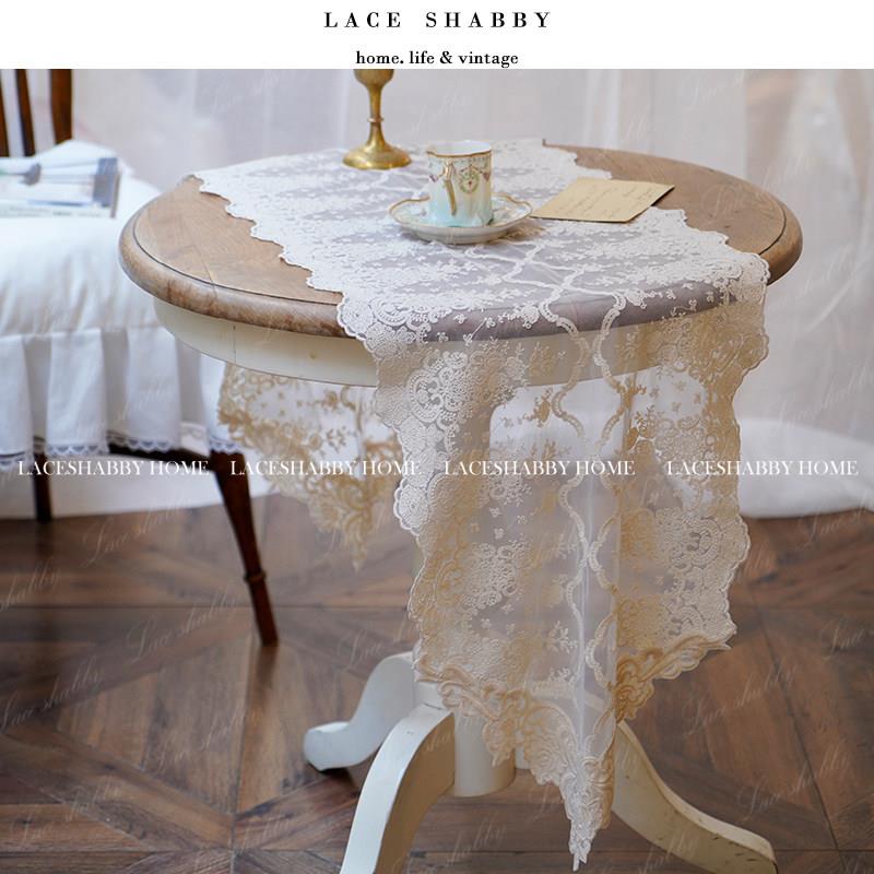 LACESHABBY新款法式覆古浪漫米色绣花蕾丝餐桌旗桌布防尘盖巾