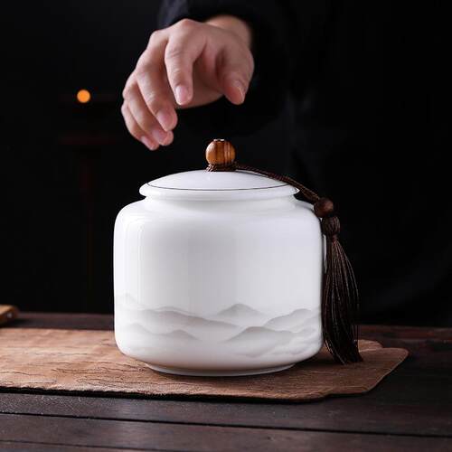 存羊脂玉茶叶罐密罐储罐精品高档大号精品陶C9077瓷用家防潮罐礼