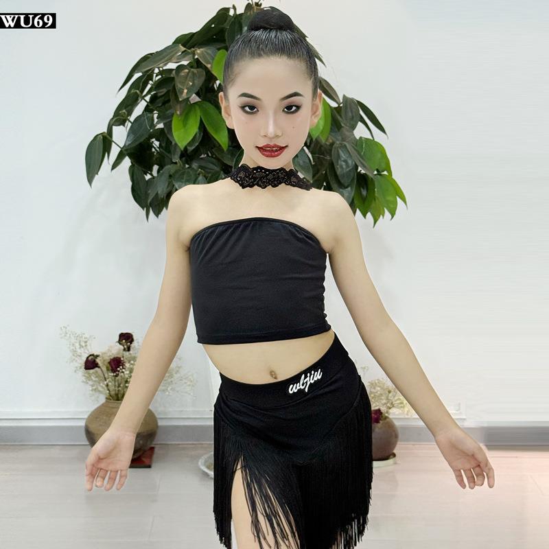 舞陆玖拉丁舞服女童新款挂脖抹胸流苏裙少儿拉丁舞练功表演服夏季