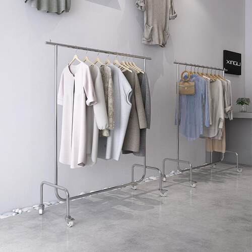 服装店展示架女装店不锈钢货架衣服架子落地式移动挂衣杆加粗带轮