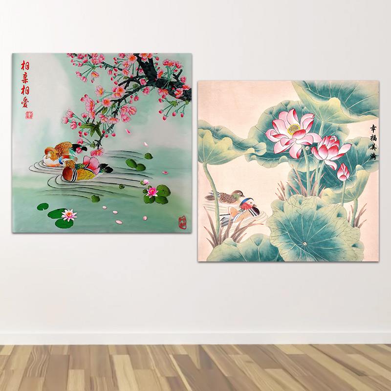 中国风鸳鸯戏水卧室床头挂画荷花鸳鸯和和美美新房装饰画墙贴海报图片