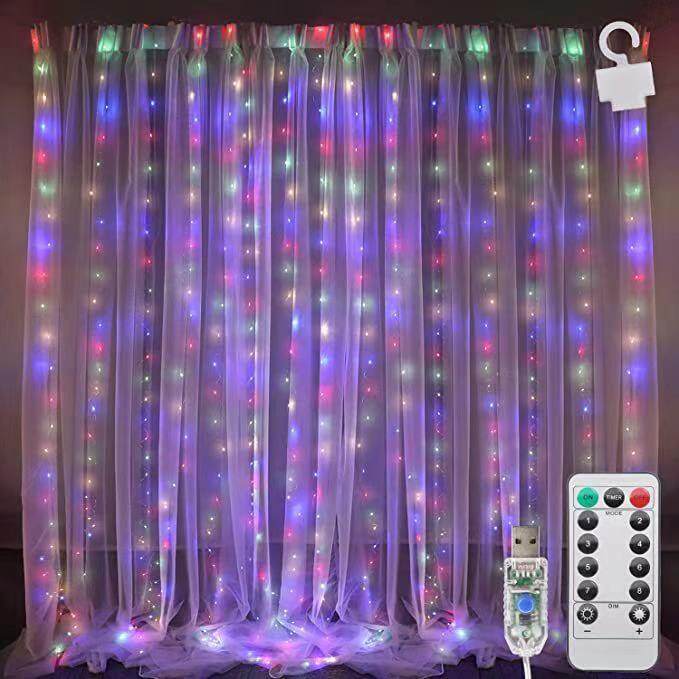 窗帘串灯,300 个 LED 8 种照明模式仙女铜灯带遥控器,USB 供电防