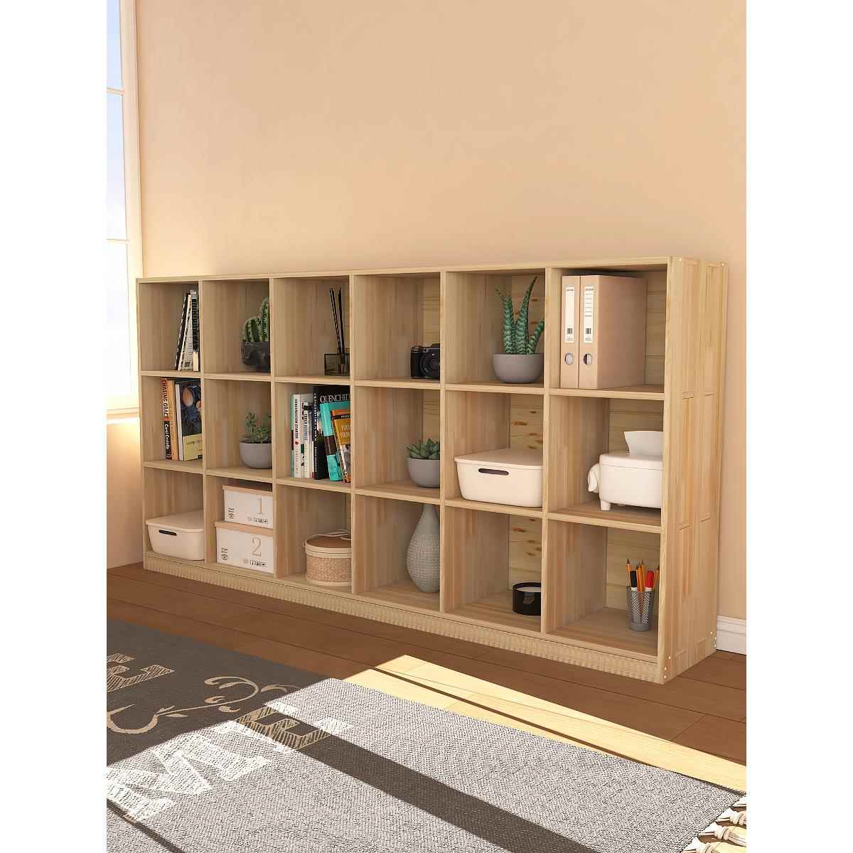 儿童书架置物架落地家用组装矮书柜客厅学生实木八格柜宝宝绘本架