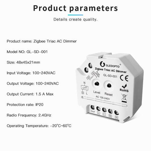 格乐徳ZigBee 3.0切相亮度开关AC可控硅调光单灯控制器LED卤素灯