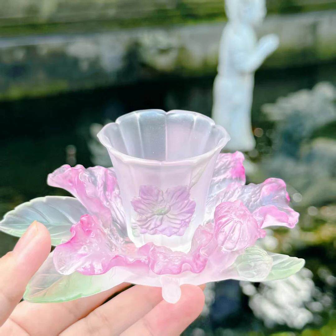 东魅十二花神紫薇花杯杯垫组合套装古法琉璃茶具品茗杯茶室桌面摆
