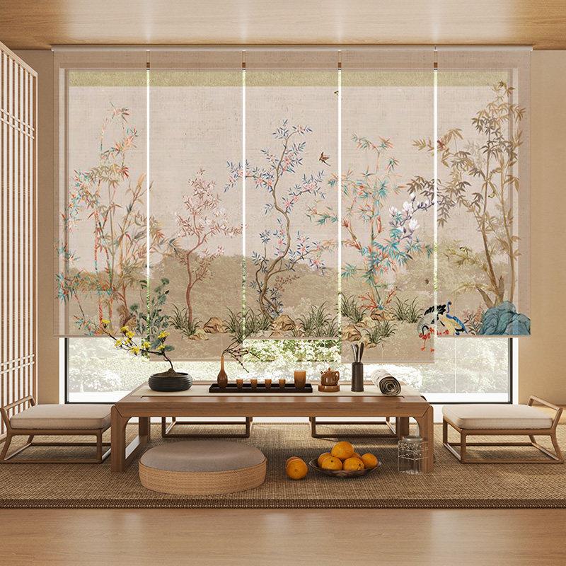 卷帘窗帘屏风软隔断玄关帘客厅宋氏美学遮阳装饰中古竹子花鸟布帘