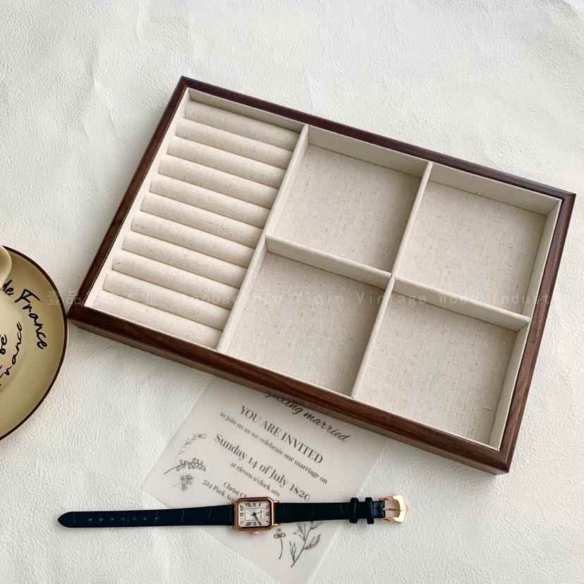 正品实木首饰亚内衬胡木质饰品盒戒指麻盘项链展示盘桃木盒收纳盒