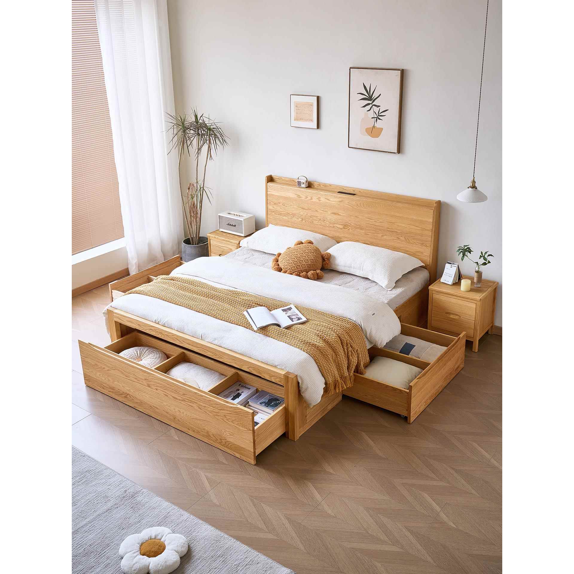 红橡木实木床1米8主卧双人床床头带USB充电 小户型气压高箱储物床