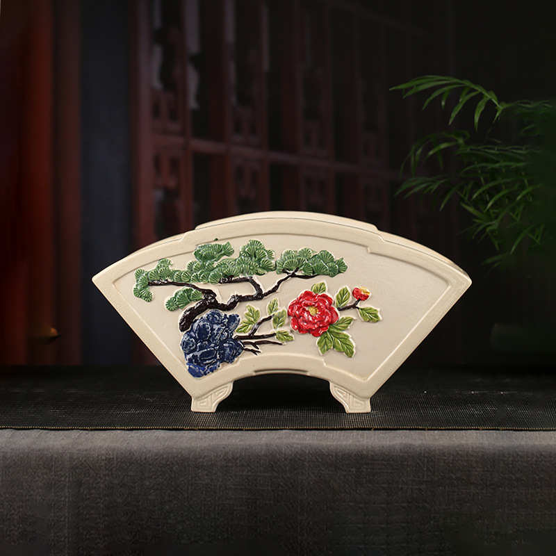 张治诚精品紫砂浮雕彩绘花盆批发扇形彩绘桌面文竹多肉盆景YDFD01