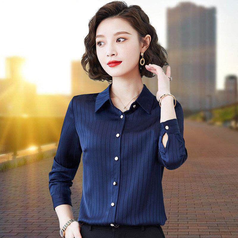 条纹雪纺衬衫女长袖2025春秋新款高端上衣洋气衬衣中年妈妈打底衫