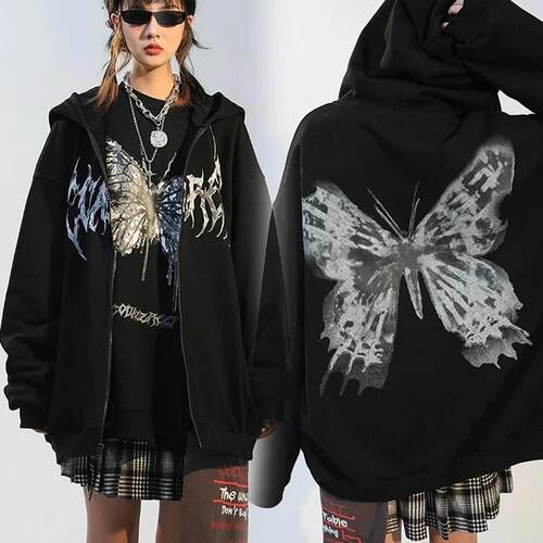 Hooded zipper letter butterfly print cardigan sweatshirt
