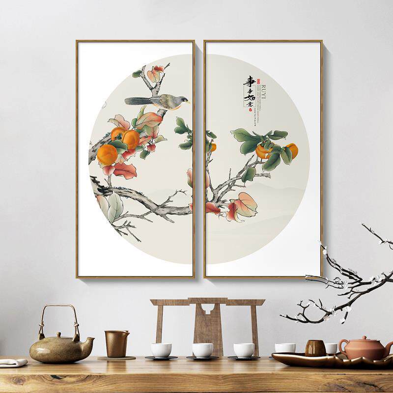 新中式玄关侧走廊客厅沙发事事如意背景墙装饰画 画饭厅花鸟壁画