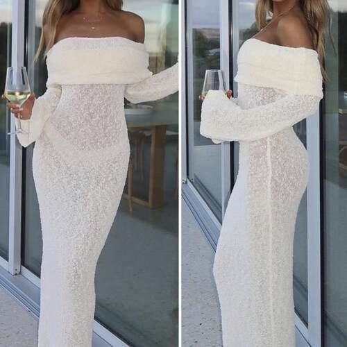Women'S Solid Off Shoulder Hollow Out Cover Up Dress Elegant