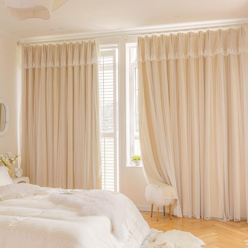 简约现代奶油风双层布纱一体加厚窗帘卧室公主房少女心免打孔阳台
