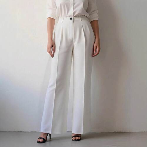 White pants with high waist and wide legs, slimming