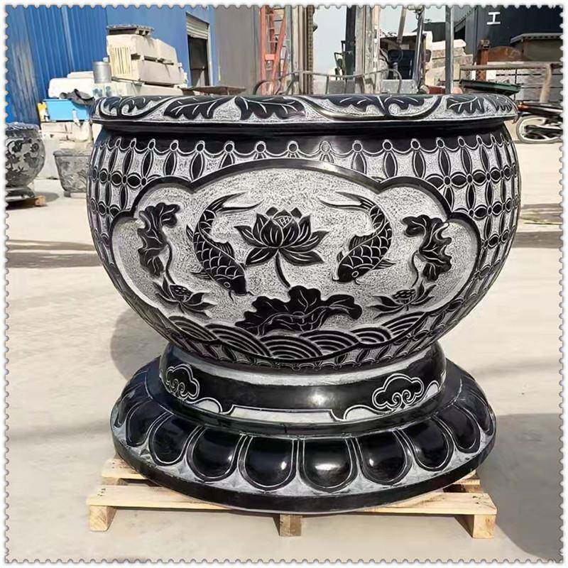 青石仿古鱼缸花盆 庭院造景流水摆件石雕养鱼圆缸户外石头花盆