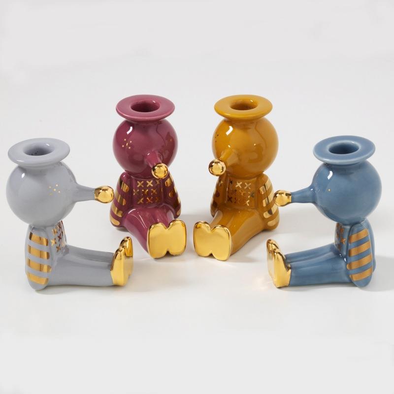 北欧设计师极简艺术陶瓷24k镀金木偶蜡烛台创意客厅卧室桌面摆件