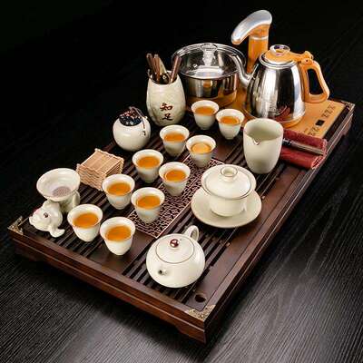 窗花实木茶盘UET整套汝窑瓷陶具套茶装家用办公室四合一全自上动