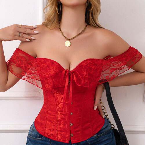 Women Lace Up Boned Corset Bustier Burlesque Basque Overbust