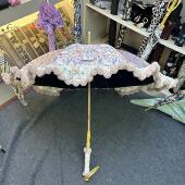 高颜值日系粉色莫奈蕾丝花边黑胶太阳伞晴雨两用竹手柄手动防晒伞