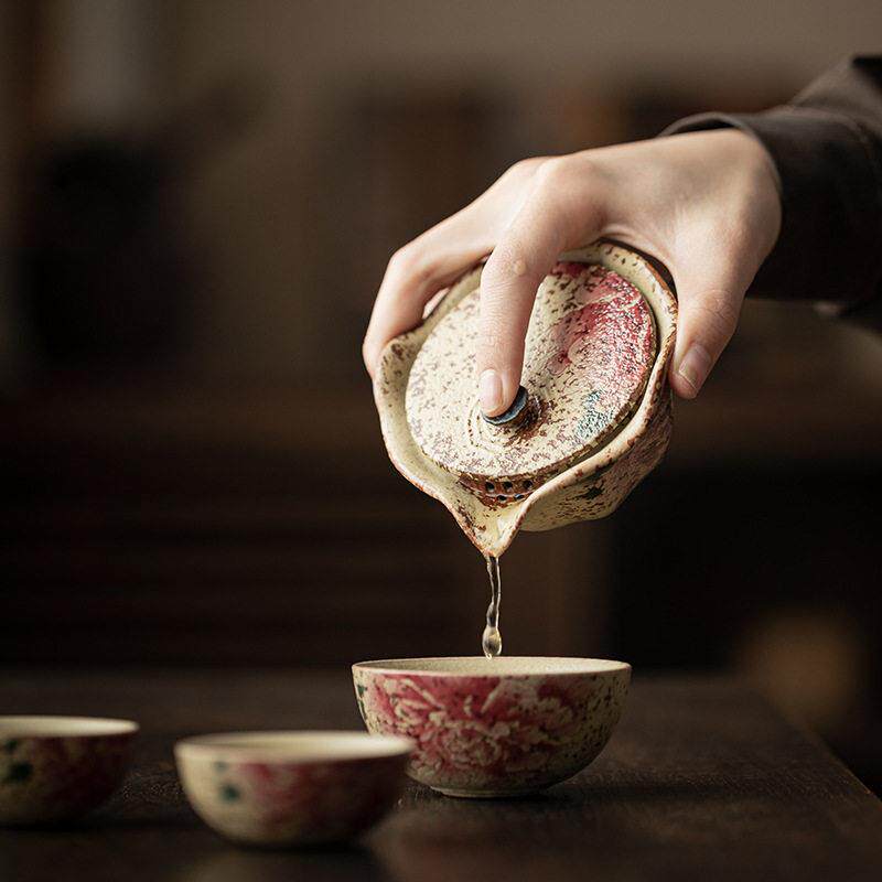 青花火石红念想旅行快客杯便携式车载露营陶瓷一壶三杯泡茶套组